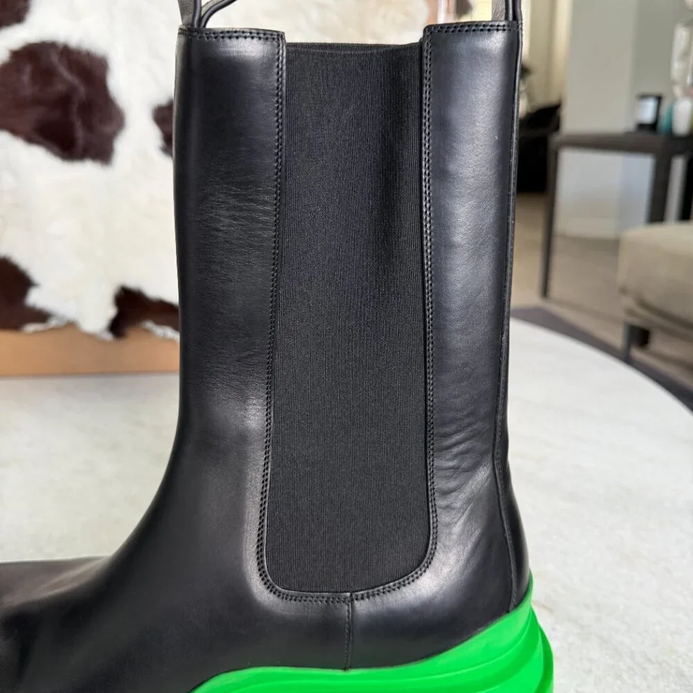 Bottega Veneta 630284 Military Calf Black Leather BV Green & Black Tire Boot, 44